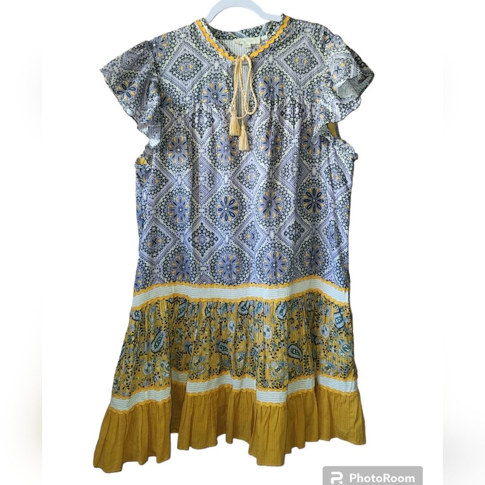 Anthropologie Blue and Yellow Patterned Dress - Picture 2 of 6